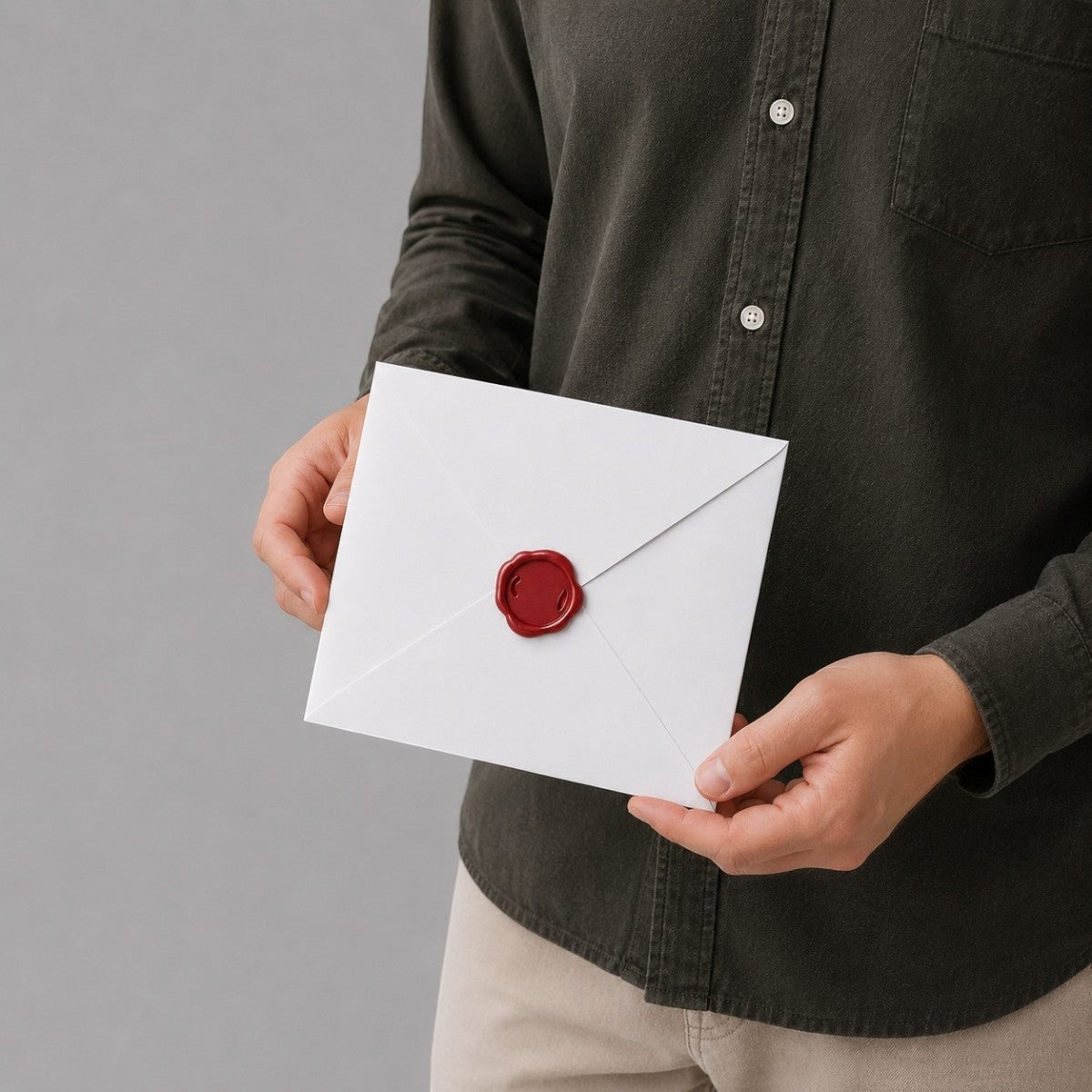 Stockka white square envelope with red wax seal, classic four-wing closure, ideal for invitations and greeting cards.