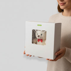 Stockka white rigid cardboard cube gift box with clear PET window, perfect for displaying small items.
