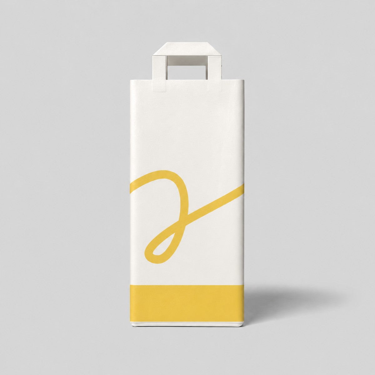 Stockka white paper gift bag with yellow accent and cursive design, ideal for wine or alcohol bottles.