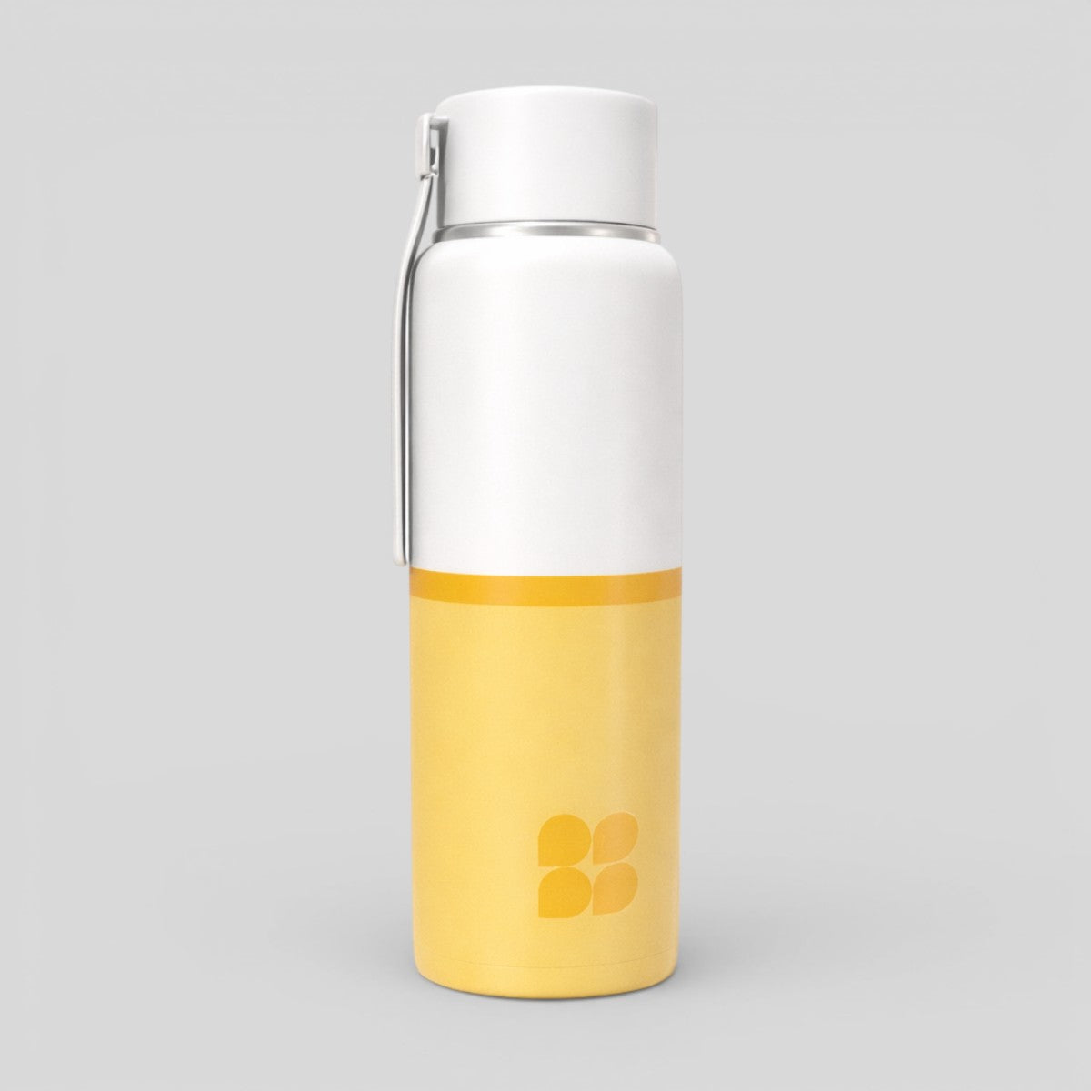Stockka white and yellow BPA-free plastic water bottle with screw-top lid and hanging handle.