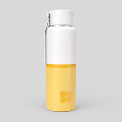 Stockka white and yellow BPA-free plastic water bottle with screw-top lid and hanging handle.