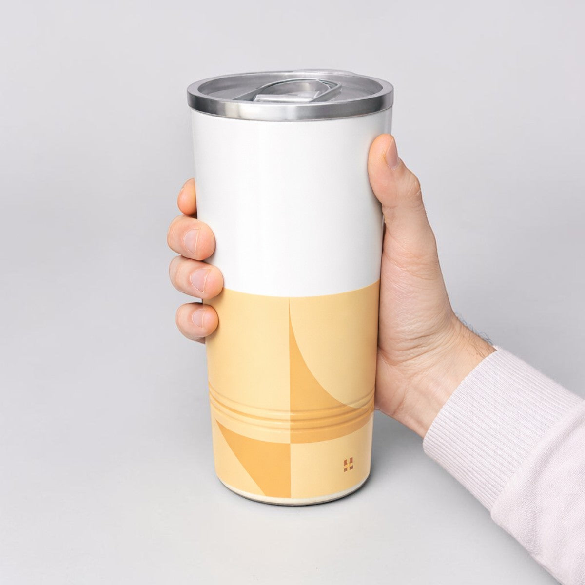 Stockka white and yellow double-walled stainless steel thermal tumbler with clear lid, 16oz capacity.