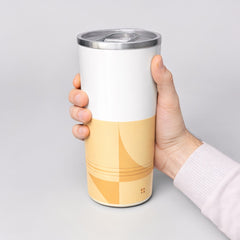 Stockka white and yellow double-walled stainless steel thermal tumbler with clear lid, 16oz capacity.