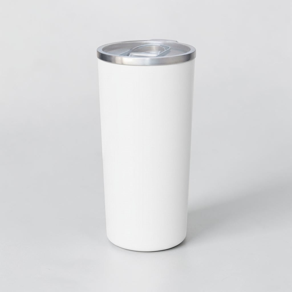 Stockka white and yellow double-walled stainless steel travel mug with clear lid, 16oz capacity.