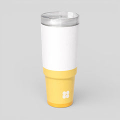 Stockka white and yellow double-walled stainless steel tumbler with clear lid and elevated base.