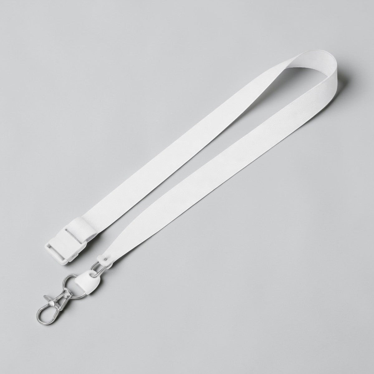 Stockka wide white nylon lanyard with side buckle and two metal clips for ID badges or accessories.