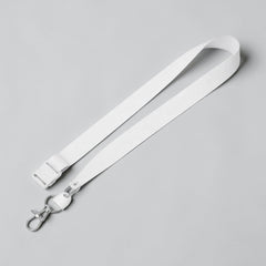 Stockka wide white nylon lanyard with side buckle and two metal clips for ID badges or accessories.