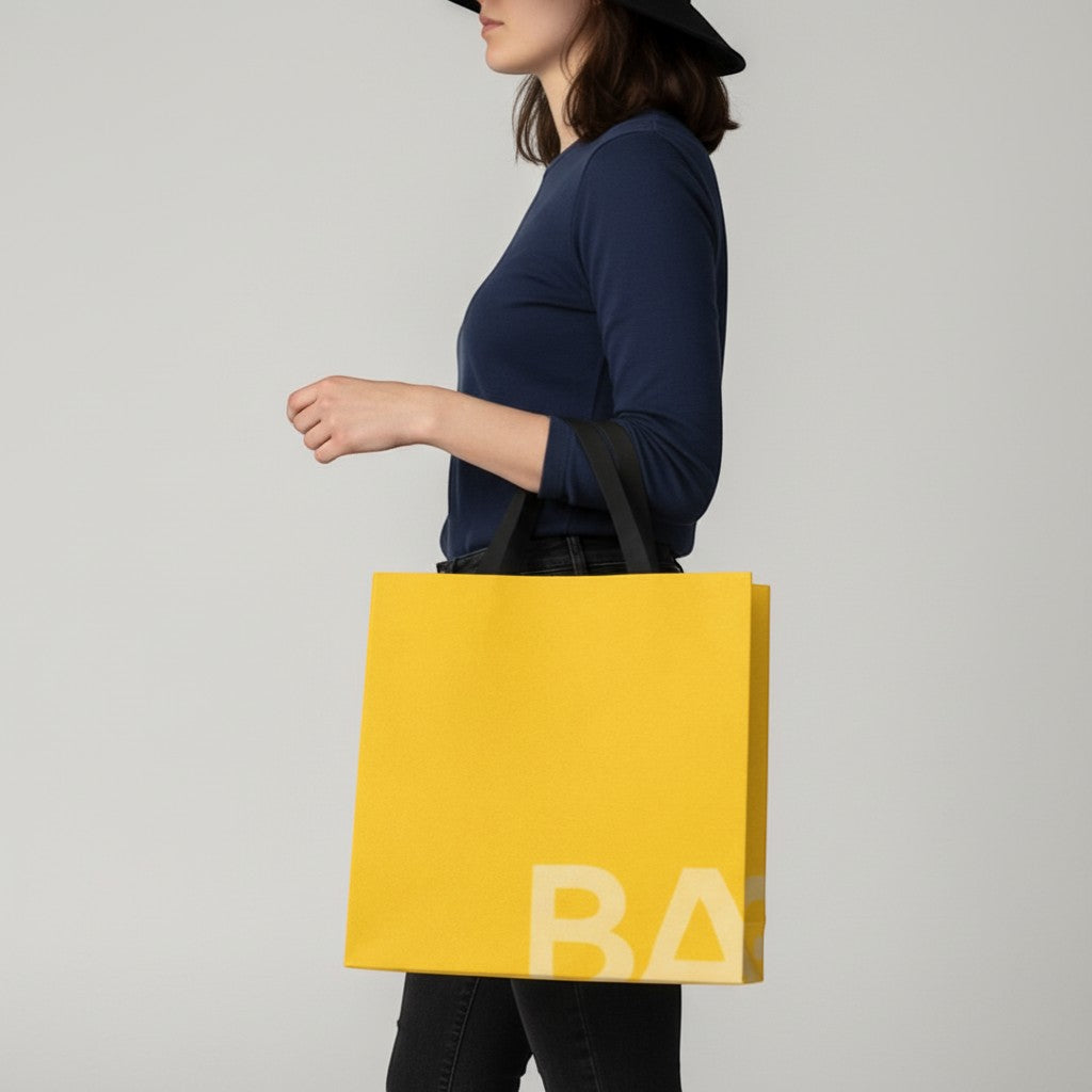 Stockka yellow laminated non-woven tote bag with black handles and subtle logo detail.