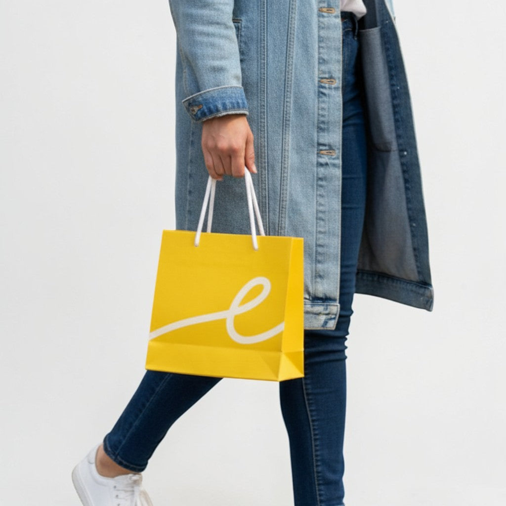 Stockka small vertical yellow paper gift bag with white rope handles and a white swirl logo.