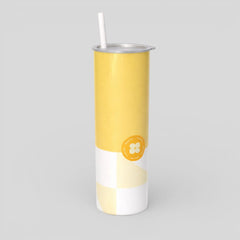 Stockka tall yellow and white insulated tumbler with clear lid and reusable straw, featuring a checkered pattern and floral logo.